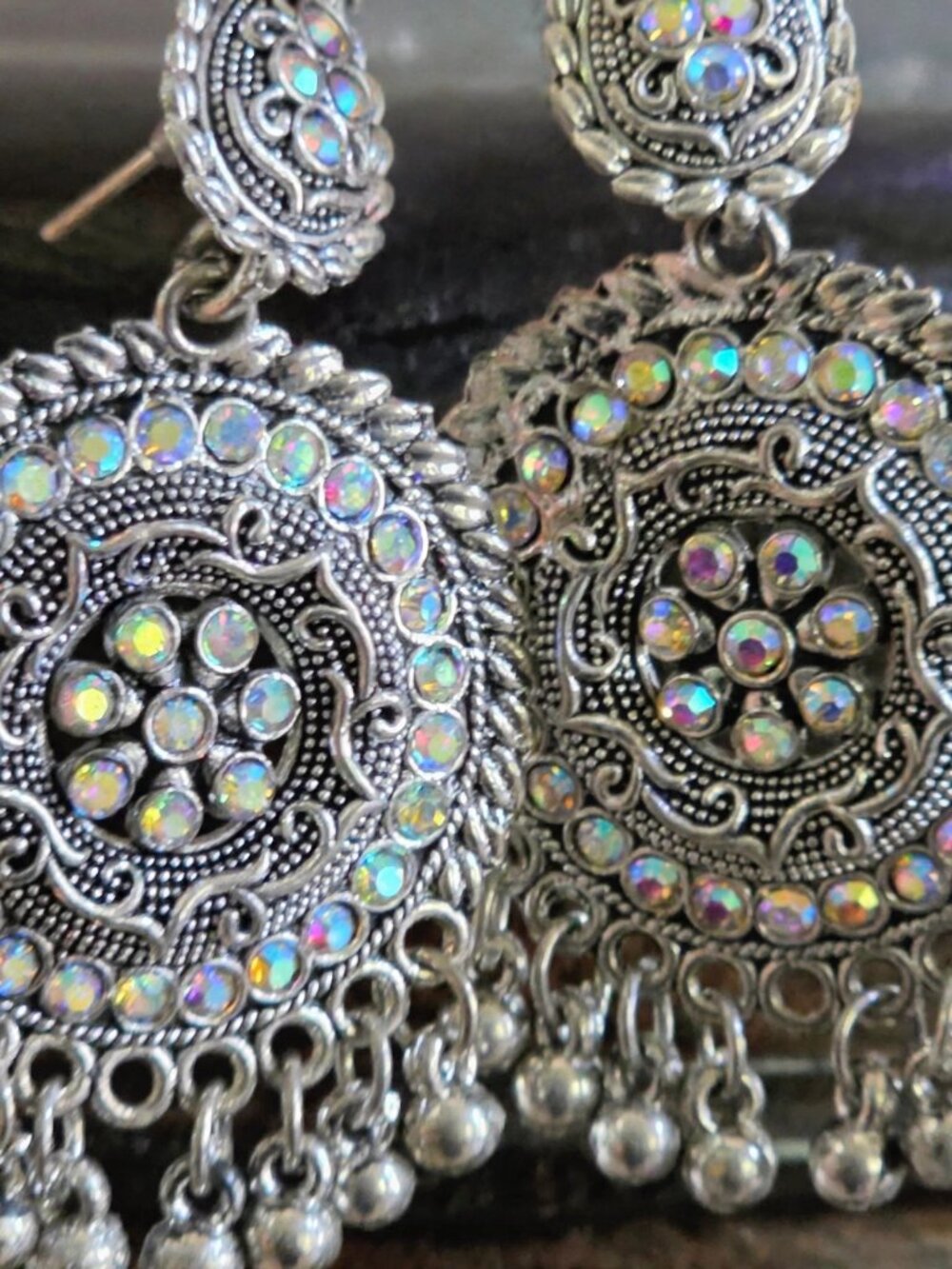New Oxidized Silver Jhumka Chandbali Earrings 2 Pair Iridescent Rhinestone Garba